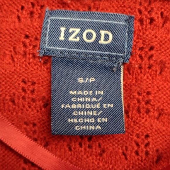 Izod VTG Cardigan Sweater Red Open Knit Ribbed Trim Open Front Size Small - Picture 8 of 10